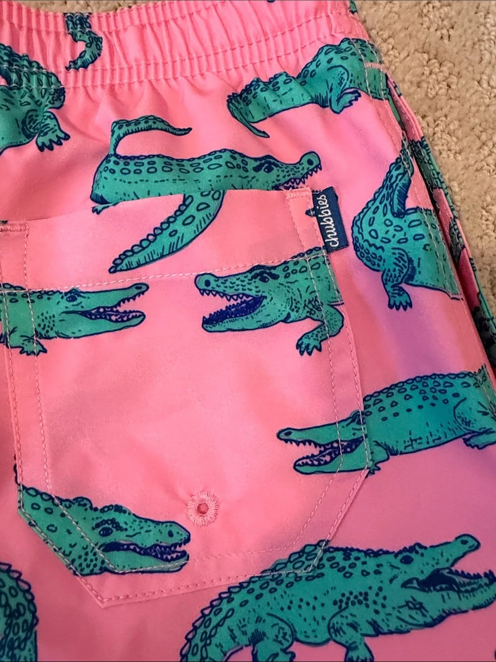 chubbies Pink Swim Shorts with Teal Alligator Accents